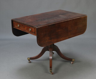 A 19th Century mahogany pedestal Pembroke table fitted a drawer, raised on a turned column and tripod base ending in brass caps and casters 71cm h x 91cm w x 54cm d 
