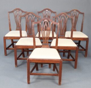 A set of 6 19th Century Hepplewhite style camel back dining chairs with pierced vase shaped slat backs and upholstered drop in seats, raised on square supports 98cm h x 53cm w x 44cm d (seats 25cm x 27cm) 