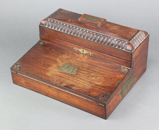 A William IV Victorian inlaid brass and rosewood writing slope, the fitted upper section incorporating an inkwell (inkwell missing), the fall inlaid a brass seated lion 15cm h x 36cm w x 29cm d 