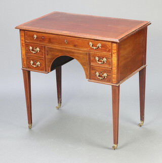 A 19th Century crossbanded inlaid mahogany side table fitted a 1 long and 4 short drawers, raised on square tapered supports, brass caps and casters 80cm h x 81cm w x 51cm d 