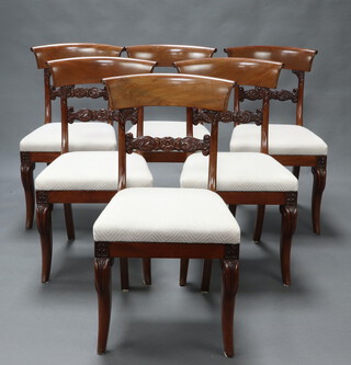 A set of 6 William IV bleached mahogany bar back dining chairs with carved mid rails and upholstered drop in seats raised on sabre supports 87cm h x 46cm w x 41cm d (seats 27cm x 28cm) 