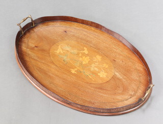 An Edwardian oval inlaid mahogany twin handled tea tray 3cm x 61cm w x 39cm d 