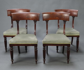 A set of 4 William IV mahogany bar back dining chairs with overstuffed seats, raised on turned and fluted supports 90cm h x 51cm w x 46cm d (seats 24cm x 28cm) 