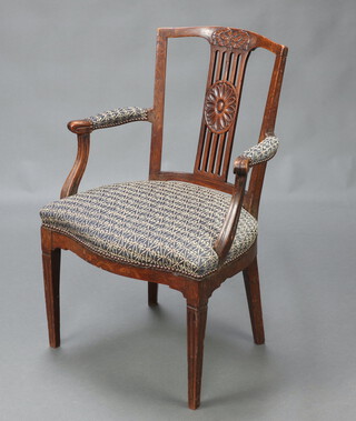 A 19th Century Dutch inlaid marquetry slat back open arm carver chair with overstuffed seat, raised on square tapered supports 92cm h x 60cm w x 49cm d (seat 43cm x 36cm) 