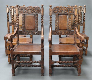 A set of 6 Tudor style carved oak dining chairs with solid seats and backs comprising 2 carvers 116cm h x 54cm w x 54cm d, 4 standard 112cm h x 48cm w x 42cm d, raised on turned and block supports with spiral turned stretcher  