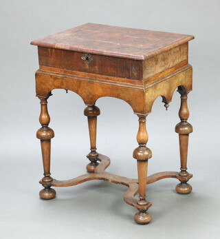 A Queen Anne oyster veneered bible box with hinged lid, raised on a later associated walnut stand with cup and cover supports, X framed stretcher 85cm h x 66cm w x 51cm d 