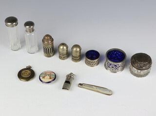 An Art Deco gilt pocket watch and minor mounted items glass jars etc 