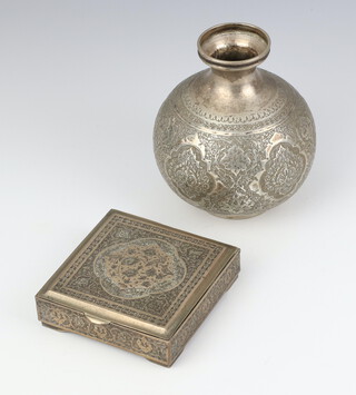 A repousse and engraved white metal baluster vase 11cm, a ditto cigarette box 8cm 