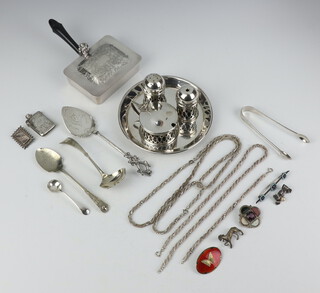 A Victorian silver vesta Birmingham 1899, 6 silver brooches, 3 bracelets and a necklace together with minor plated wares, weighable silver 98 grams 