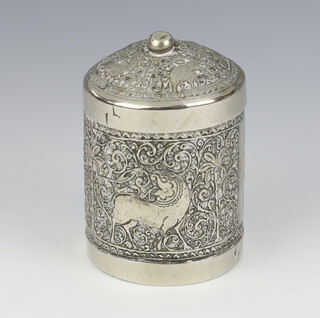 An Indian repousse white metal circular pot and cover 11cm 