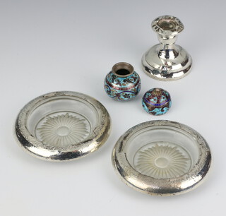 A white metal enamelled miniature baluster vase 3cm, a ditto circular box and cover 3cm, 2 mounted dishes and a candlestick 