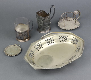 An Eastern white metal cup holder decorated with scrolling flowers, minor plated wares 