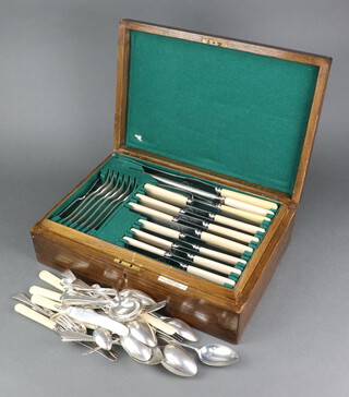 An oak canteen of silver plated cutlery for 6 and other minor cutlery 