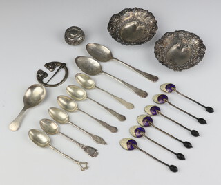 A set of 6 silver and enamelled coffee spoons Birmingham 1929, 2 bon bon dishes, minor spoons and a brooch 256 grams 