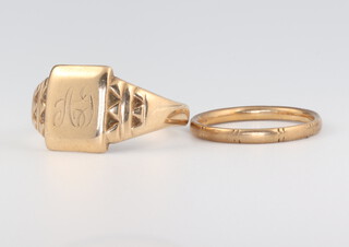 A 9ct signet ring and a 9ct wedding band size L and X, 6.4 grams  