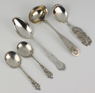 An 830 standard dessert spoon, ditto ladle, caddy spoon and 2 teaspoons, 182 grams
