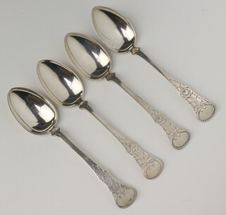 Four Continental 830 standard dessert spoons with engraved decoration, 162 grams 