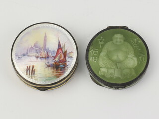 A Continental 900 standard guilloche enamelled trinket box, the green ground decorated with a figure of a seated Buddha 5cm, ditto of a Grand Canal view 5cm 
