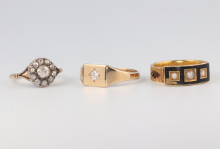 A 19th Century 15ct yellow gold memoriam ring with enamel and seed pearls (enamel a/f), a 9ct yellow gold diamond set signet ring and a yellow metal 9ct diamond cluster ring 8.9 grams gross, sizes P, Q and K 
