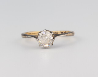 A yellow metal 18ct mine cut single stone diamond ring, approx. 0.80ct, 1.7 grams, size K 1/2 
