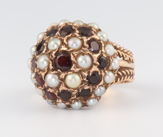 A yellow metal seed pearl and garnet cluster ring 6.7 grams, size M 1/2 