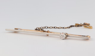 A yellow metal single stone diamond bar brooch 3.4 grams, 55mm, approx. 0.20ct