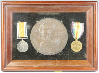A pair of First World War medals to Arthur Westover together with a death plaque, framed as one 