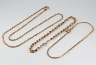 A 9ct yellow gold bracelet 17cm a flat link ditto 18cm and a necklace 40cm 7.2 grams