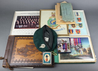 A set of 3 replica medals comprising Naval General Service with Malaya, Cyprus and  East Bars, 1953 Coronation medal and Accumulated Campaign Service medal together with miniature, associated photographs, albums, badges, beret etc 