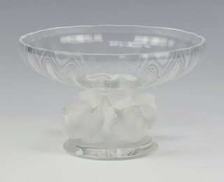 A Lalique Nogent pedestal bon bon dish supported by sparrows 14cm, with etched lower case engraving 