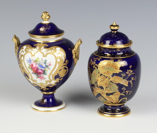 A Royal Crown Derby blue ground baluster vase and cover decorated with flowers (stuck lid), ditto with twin handles and a panel of flowers 14cm (stuck lid) 