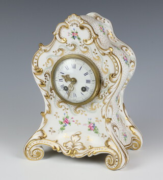 A Rococo style modern ceramic clock with enamelled dial 23cm 