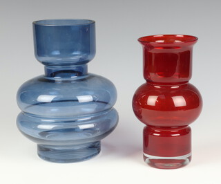A mid-Century red studio glass bulbous vase 18cm, a blue ditto 19cm 