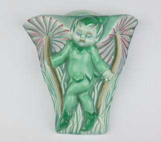 A Clarice Cliff green and pink glazed wall pocket decorated a pixie beneath 2 toadstools no.865, 18cm 