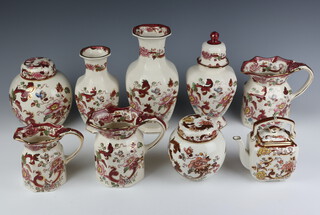 A Masons Ironstone Mandalay red jug 17cm, a ditto 14cm and another 12cm, 2 ginger jars, 3 vases and a teapot 