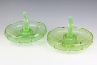 A pair of Art Deco green glass flower bowls decorated with semi-clad ladies 18cm 