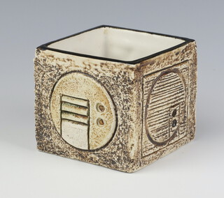 A Troika small textured cube vase, circa 1980 by Jane Fitzgerald, with cream and green decoration on a brown ground, 8.5cm
