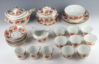 A 19th Century 28 piece orange and gilt banded tea service comprising teapot (f), sucrier, stand and cover, cream jug, slop bowl, 2 plates, 8 cups (3 cracked), 3 coffee cups (2 a/f), 10 saucers (2 cracked) 