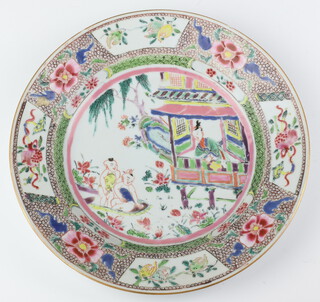 An 18th Century Chinese famille rose plate decorated with a lady on a pavilion terrace watching 2 young ladies 23cm (chipped)