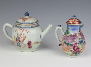 An 18th Century Chinese famille rose export globular teapot and cover decorated with figures in a garden 12cm, together with an 18th Century Chinese export famille rose jug, pot and lid with sparrow beak spout decorated with figures in a garden 12cm (the rim of the jug is chipped, the lid is chipped the tea pot has a stuck handle)