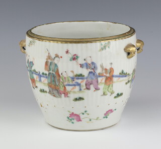 A 19th Century Chinese famille rose pot with lion mask handles decorated with figures at pursuits in gardens 15cm (lid is missing) 
