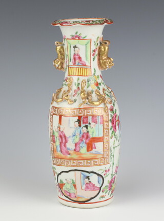A 19th Century Cantonese oviform vase with lion handles and panels of figures 26cm 