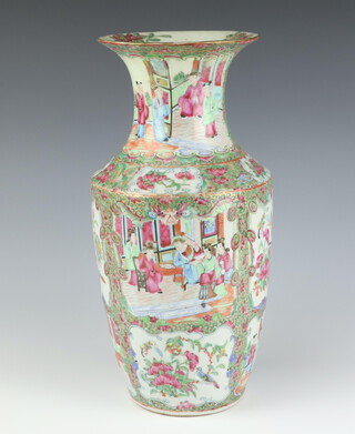 A 19th Century Cantonese oviform vase decorated with panels of figures in pavilion interiors and panels of birds on a ground of flowers 36cm 