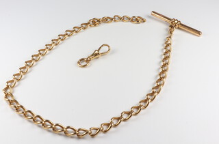 A yellow metal Albert with unmarked T-Bar and unmarked clasp 37 grams (tested as 9ct) 36cm