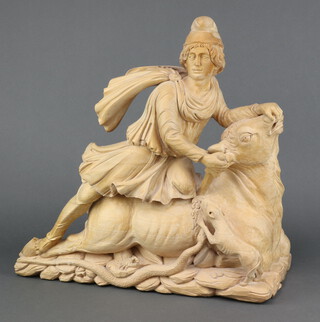 Thorne Raven Corvus, a carved limewood figure "Mithras Slaying the Cosmic Bull", the base marked Thorne Raven Corvus 26 X1 2006 48cm h x 48cm w x 21cm d  