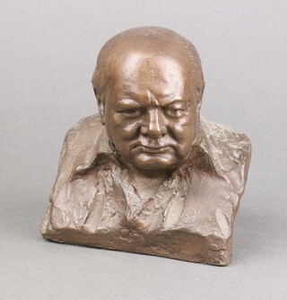 After Nemon, a bronzed resin head and shoulders portrait of Winston Churchill, 14cm x 12cm x 8cm 