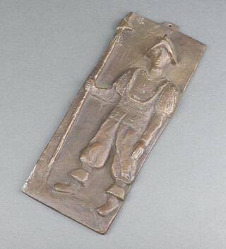 A Continental bronze plaque of a pikeman, standing, 28cm x 10cm 