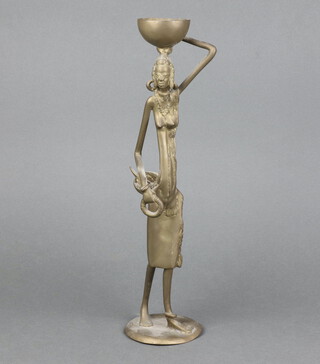 A Nigerian gilt bronze figure of a standing lady with a bowl, raised on a circular base 36cm h x 9cm diam. 