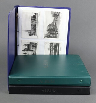 A green ring bound album of black and white postcards including 6 1930's race horses, Chinese buildings, buses (possibly reproduction) together with 2 ring bound albums of coloured postcards 