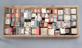 A collection of valves including Cossor, GEC, Brimar, Marconi, etc, all boxed, contained in a wooden crate